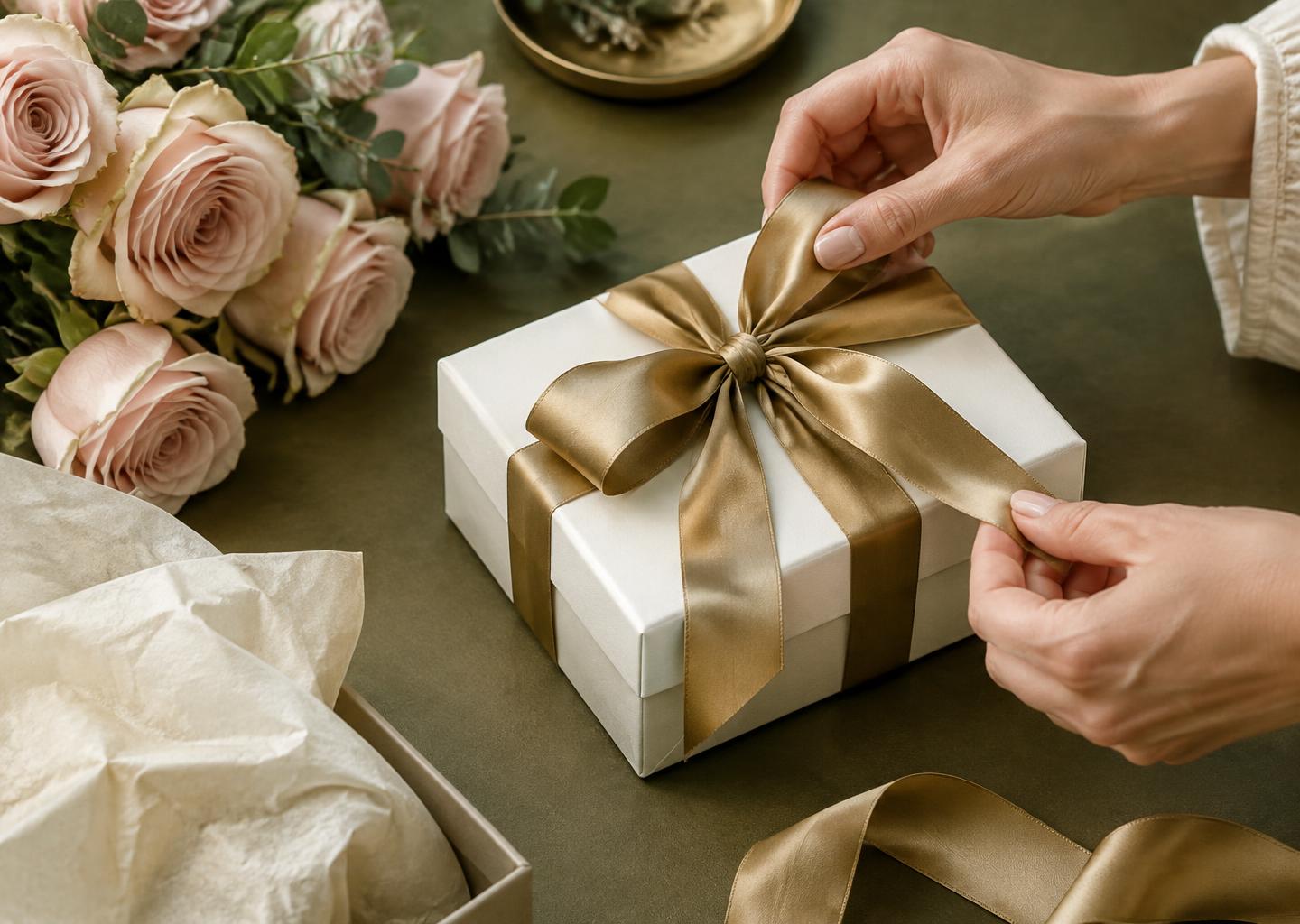 A gold satin ribbon hand-tied around a keepsake gift box